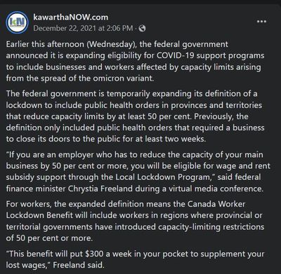 December 22, 2021: Federal government expands pandemic supports to include businesses and workers affected by capacity limits