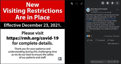 December 22, 2021: New visiting restrictions at Ross Memorial Hospital