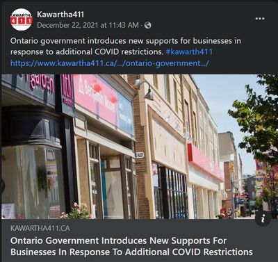 December 22, 2021: Ontario government introduces new supports for businesses in response to additional COVID restrictions