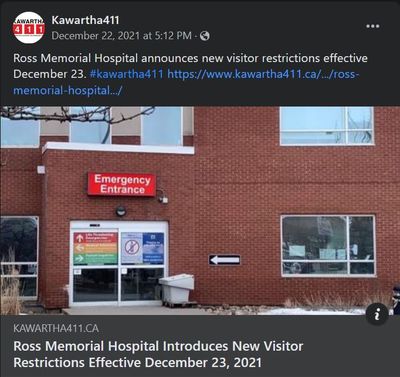 December 22, 2021: Ross Memorial Hospital introduces new visitor restrictions effective December 23, 2021