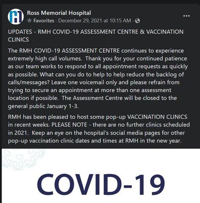 December 29, 2021: Ross Memorial Hospital COVID-19 Assessment Centre and vaccine clinics