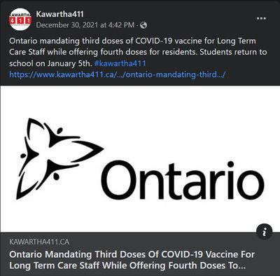 December 30, 2021: Ontario mandating third doses of COVID-19 vaccine for long term care staff while offering fourth doses to residents