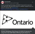 December 30, 2021: Ontario mandating third doses of COVID-19 vaccine for long term care staff while offering fourth doses to residents