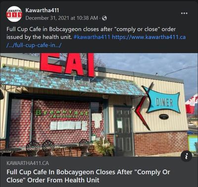 December 31, 2021: Full Cup Cafe in Bobcaygeon closes are &quot;comply or close&quot; order from health unit