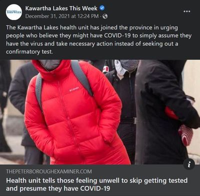 December 31, 2021: Health unit tells those feeling unwell to skip getting tested and presume they have COVID-19