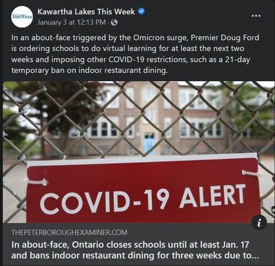 January 3, 2022: In about-face, Ontario closes schools until at least Jan. 17 and bans indoor restaurant dining for three weeks due to Omicron 'tsunami'