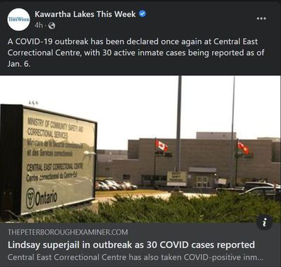 January 11, 2022: Lindsay superjail in outbreak as 30 COVID cases reported