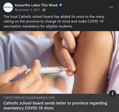 November 1, 2021: Catholic school board sends letter to province regarding mandatory COVID-19 shots