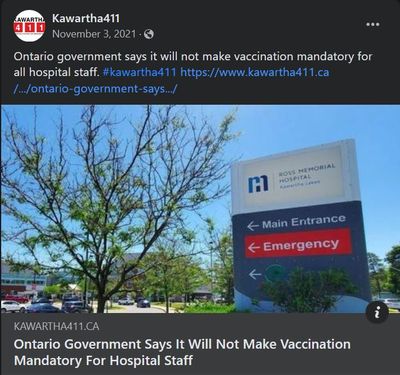 November 3, 2021: Ontario government says it will not make vaccination mandatory for hospital staff