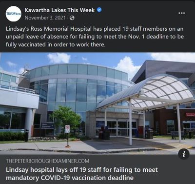 November 3, 2021: Lindsay hospital lays off 19 staff for failing to meet mandatory COVID-19 vaccination deadline