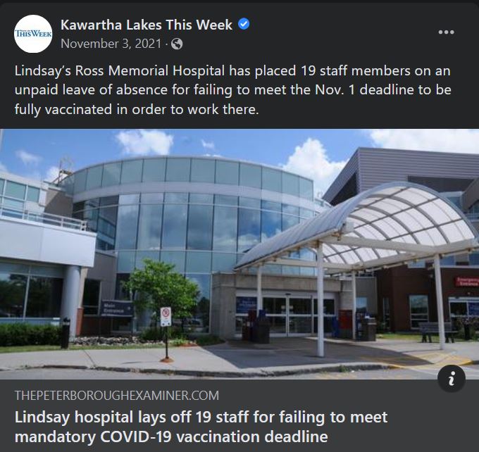 November 3, 2021 Lindsay hospital lays off 19 staff for failing to