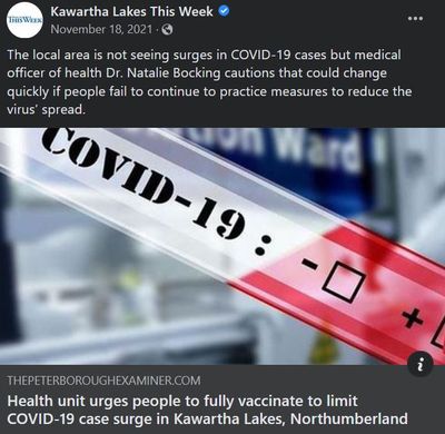 November 18, 2021: Health unit urges people to fully vaccinate to limit COVID-19 case surge in Kawartha Lakes, Northumberland