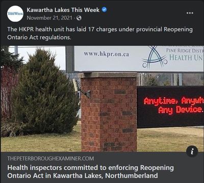 November 21, 2021: Health inspectors committed to enforcing Reopening Ontario Act in Kawartha Lakes, Northumberland