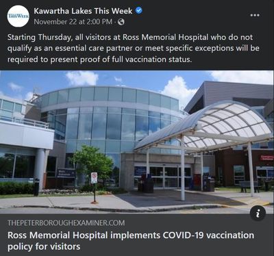 November 22, 2021: Ross Memorial Hospital implements COVID-19 vaccination policy for visitors