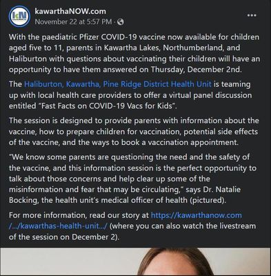 November 22, 2021: Kawarthas health unit hosting virtual session to answer
parents’ question about COVID-19 vaccine for kids