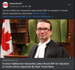 November 28, 2021: Former Haliburton-Kawartha Lakes-Brock MP on vacation in South Africa impacted by new travel bans