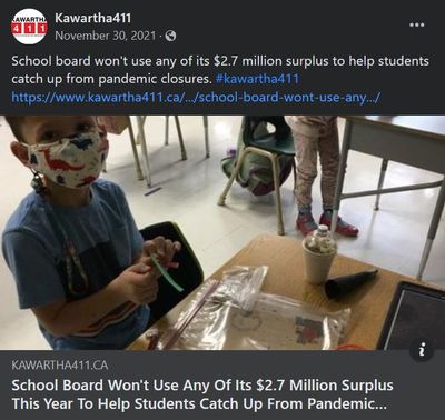 November 30, 2021: School board won't use any of its $2.7 million surplus this year to help students to catch up from pandemic closures