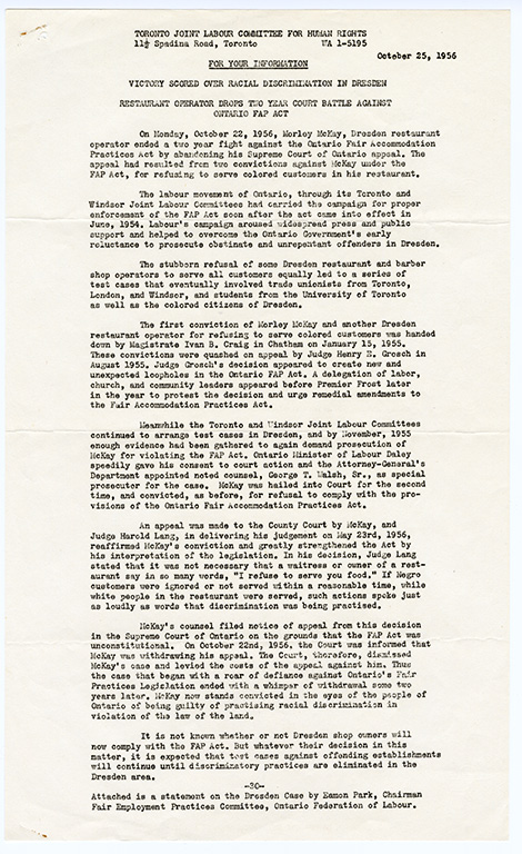 Site historique national de Buxton 2000.6.48<br><b>une rapport du comité mixte de travail de Toronto<br>pour les droits-humains, titulee “VICTOIRE REMPORTÉE <br>SUR LA DISCRIMINATION RACIALE À BUXTON”<br>