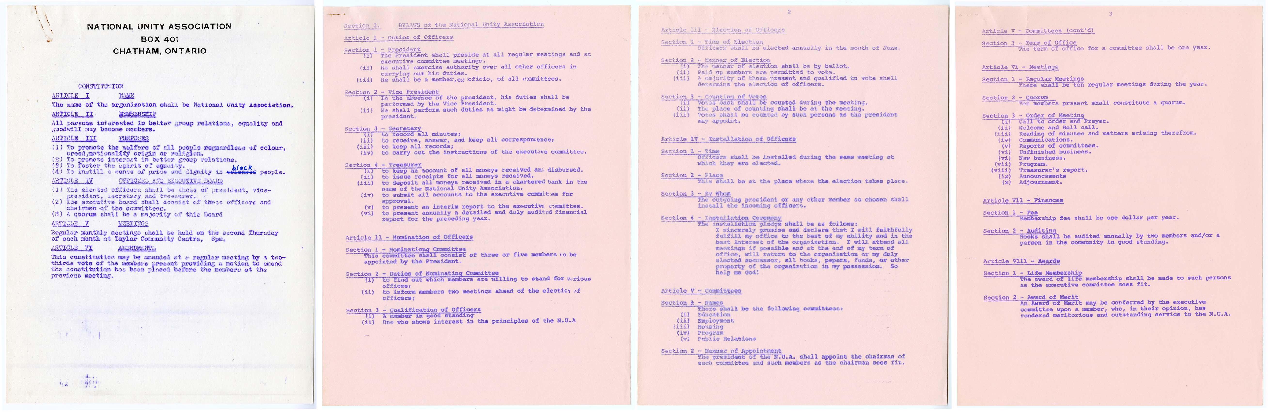 Buxton National Historic Site 2000.6.181<br>
The original constitution and by-laws of the National Unity Association at its founding in 1948.