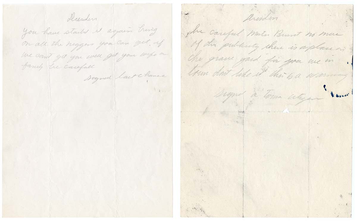 Buxton National Historic Site 2000.6.128 (01/02)<br><b>hand-written threats to Hugh Burnett</b><br>
full text of letters available in record<br>