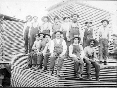 Hommes travaillants au transport et à l'étalage de la planche au moulin W. C. Edwards.