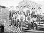 Hommes travaillants au transport et à l'étalage de la planche au moulin W. C. Edwards.