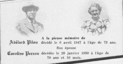 Carte mortuaire d'Adélard Pilon et de Caroline Perron.