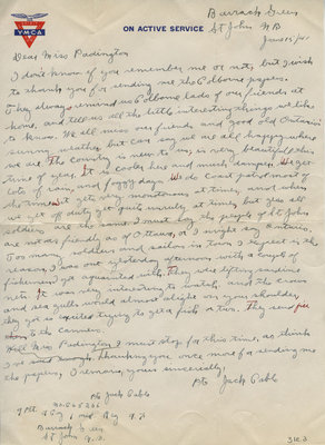 Letter from Pte. Jack Cable to Eliza J. Padginton