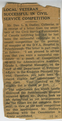 Newspaper clipping associated with letters from Lt. Dan L.S. Dudley to Eliza J. Padginton