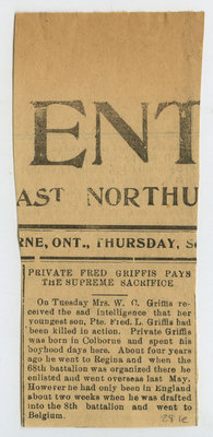 Pte. Fred Griffis, death notice