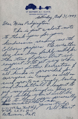 Letter from Gnr. Bill J. Hart to Eliza J. Padginton