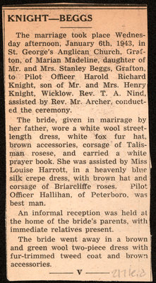 Harold Knight marriage notice associated with letters to Eliza J. Padginton