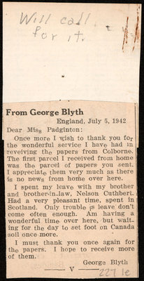 Newspaper clipping associated with letters from Pte. George Blyth to Eliza J. Padginton