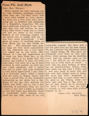 Newspaper clipping associated with letters from Pte. Jock Blyth to Eliza J. Padginton