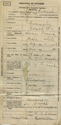 Horace Pomeroy, Death certificate