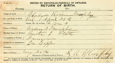 Gladys Vivian Murphy, Birth Registration. Daughter of Gordon A. Murphy and Bertha E. Platt.