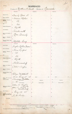 Charles H. Greenly and Nellie Grace Inglis,  Marriage Register, County of Northumberland, Division of Cramahe