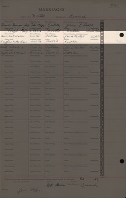 Archie Gordon Bemis and Bertha Irene Langford, Marriage Register, County of Northumberland, Division of Cramahe