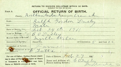 Ralph Gordon Dudley, Birth Registration. Son of Clayton Oroloff Dudley and Myrtle Wilcox.