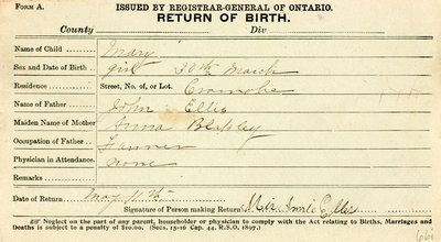 Mary Ellis, Birth Registration. Daughter of John Ellis and Anna Blakley.