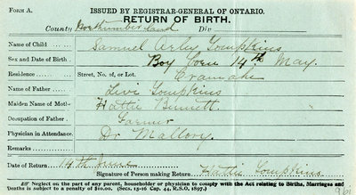 Samuel Arly Tompkins, Birth Registration. Son of Levi Tompkins and Hattie Bennett.