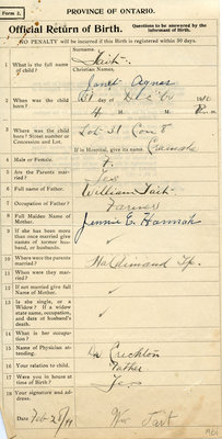 Janet Agnes Tait, Birth Registration. Daughter of William Tait and Jennie E. Hannah.