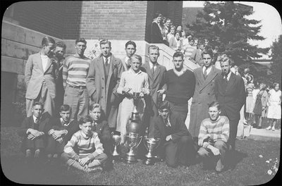 Portrait of a group of young men including Jack Armstrong, Malcolm Hubble, Jack Alfred Seed and Bill Griffis, Colborne High School, Cramahe Township