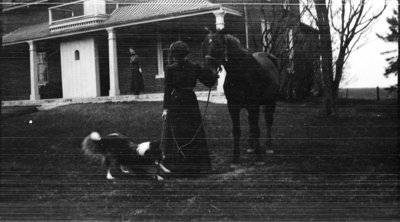 A woman with her horse and dog