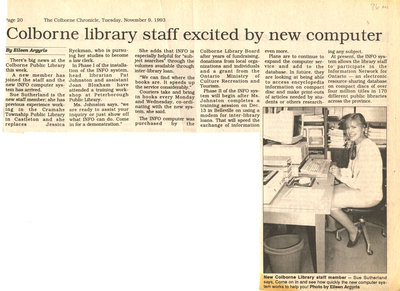 &quot;Colborne library staff excited by new computer&quot; newspaper clipping