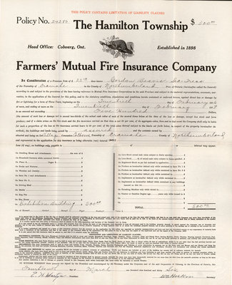 Farmers' Mutual Fire Insurance Company, Policy No. 24280 on Colborne Exhibition Building