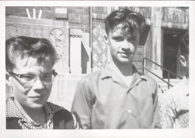 Photograph of Gord McDonald and Bill Island outside Colborne High School