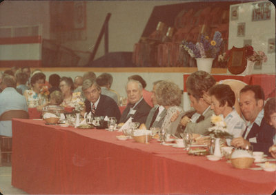 William R. Baxter and other attendees at Colborne High School Reunion, Colborne Arena, 1977