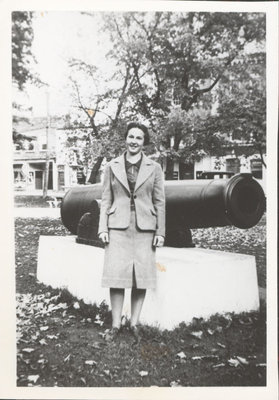 Oni Rutherford (Myles) in front of the cannon, Victoria Square, Colborne