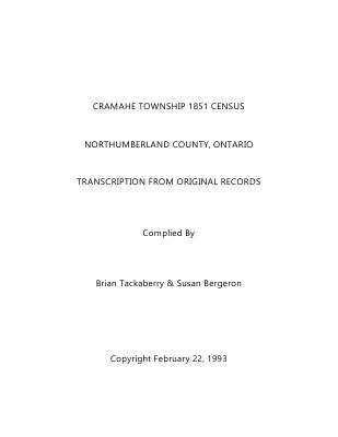 Cramahe Township 1851 Census, Northumberland County, Ontario  Transcript from Original Records.